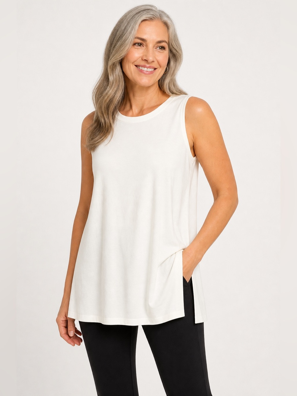 J. Jill Wearever White Sleeveless Tunic Top Side Slit Stretch M Lagenlook Travel